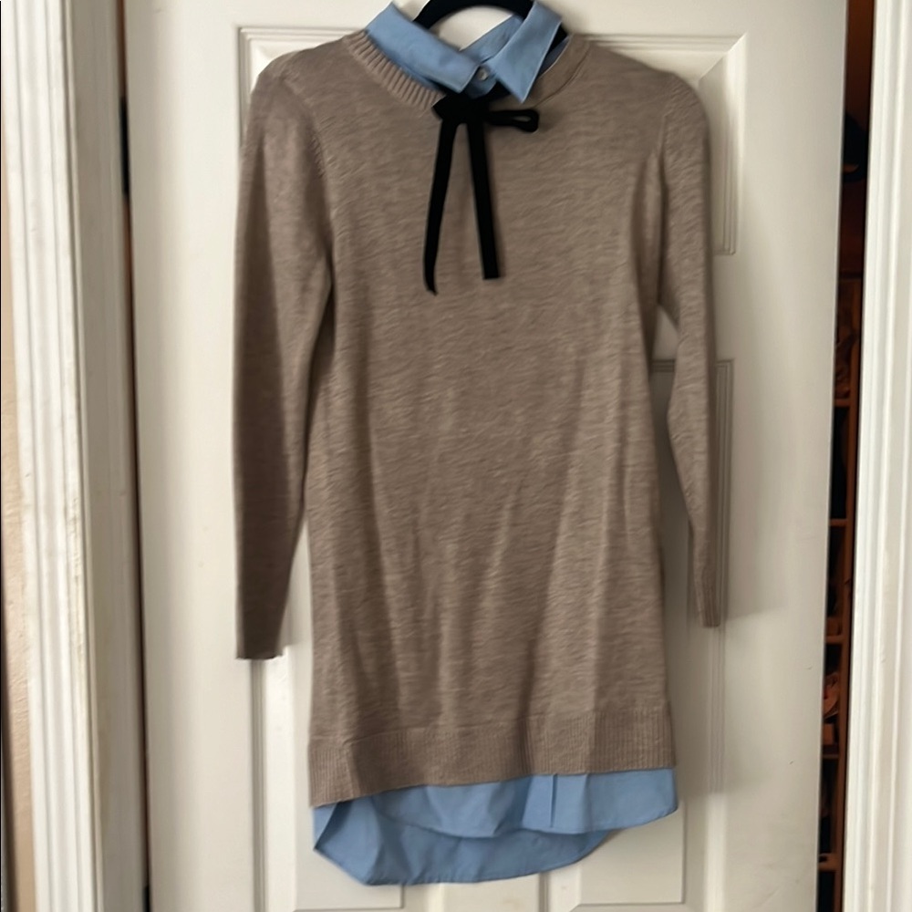 Beige Sweater Dress with Blue Collar